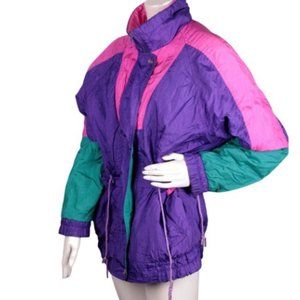 Vintage NEW TRAD Winter Coat 1990s Colour Block Jacket Pink Purple Blue Large